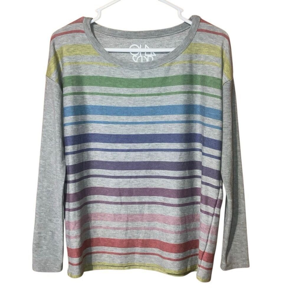 Chaser Rainbow Striped Crewneck Grey Long Sleeve Sweatshirt Small #761
